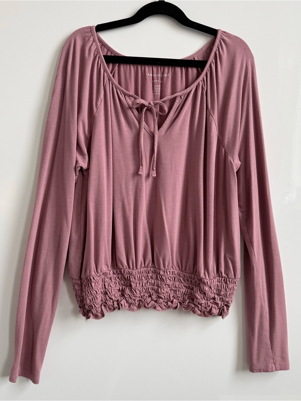 American Eagle Soft & Sexy Dusty Rose Smocked Hem Tie-Front Long Sleeve Top